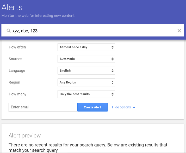 google alerts - filters example