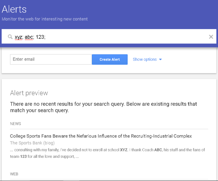 google alerts - keywords example