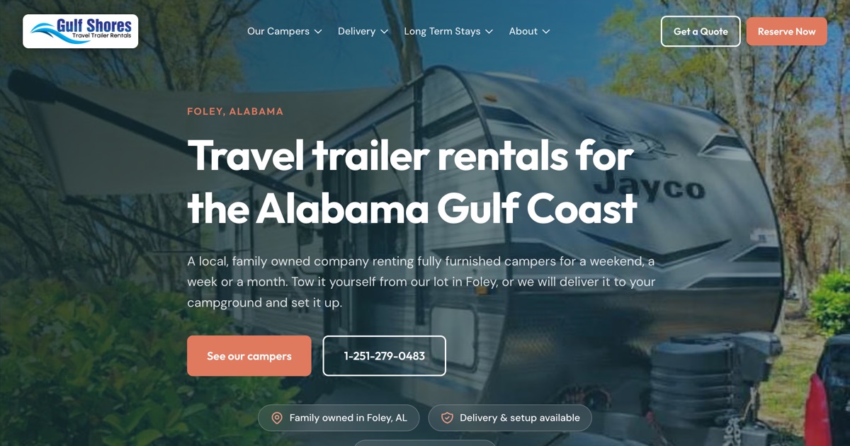 Gulf Shores Travel Trailer Rentals homepage after the move from Wix: Travel trailer rentals for the Alabama Gulf Coast, over a photo of a Jayco trailer