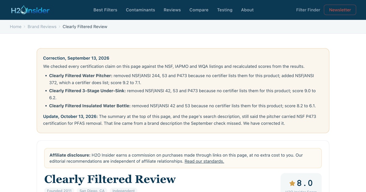 H2O Insider's Clearly Filtered review page with its dated correction note listing the certifications removed from three products and their score changes