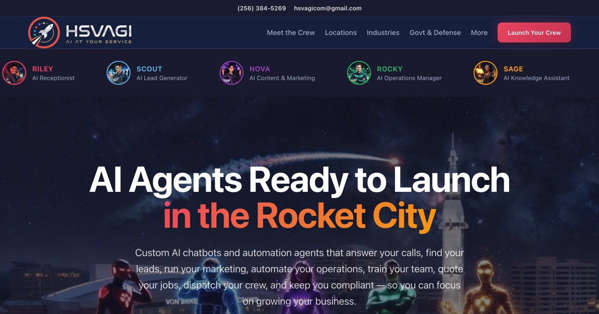 HSVAGI homepage, October 2026: headline 'AI Agents Ready to Launch in the Rocket City' with the AI crew listed across the top