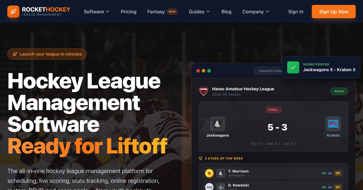 RocketHockey homepage, October 2026: headline 'Hockey League Management Software Ready for Liftoff' beside a sample league scoreboard