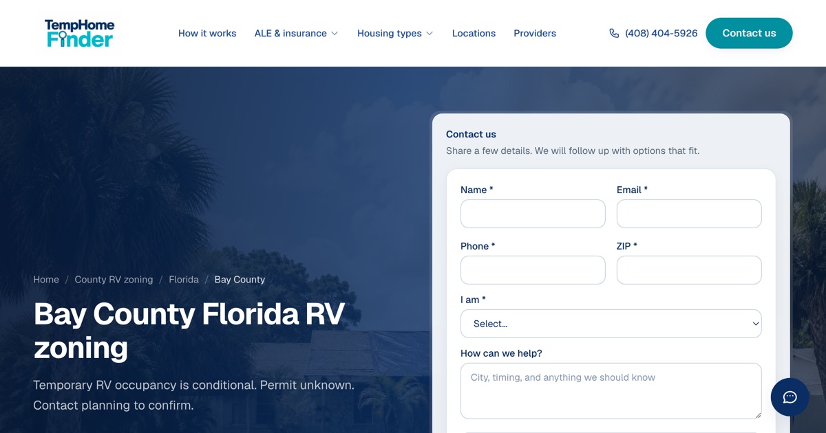 TempHome Finder county page for Bay County, Florida, October 2026: temporary RV occupancy is conditional, permit unknown, contact planning to confirm
